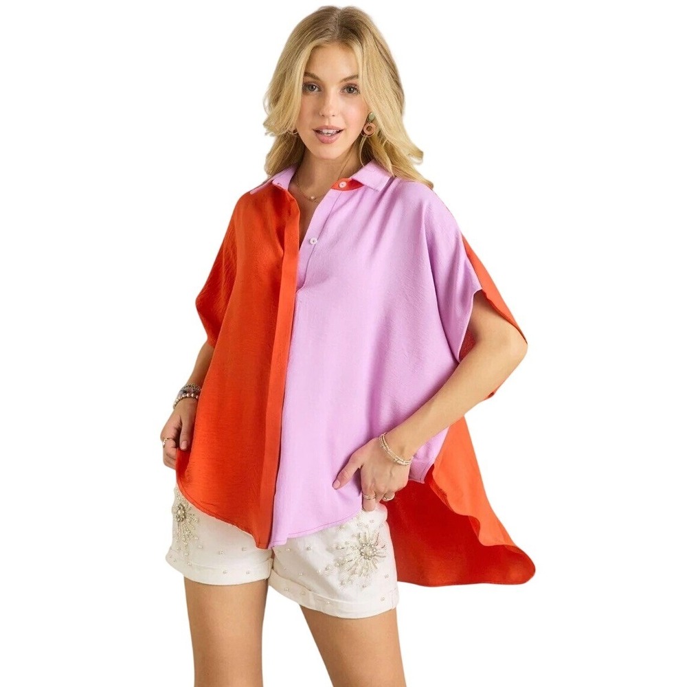 ADORA Women's Color Block Oversized Blouse Orange Purple Button Front Boho Flow